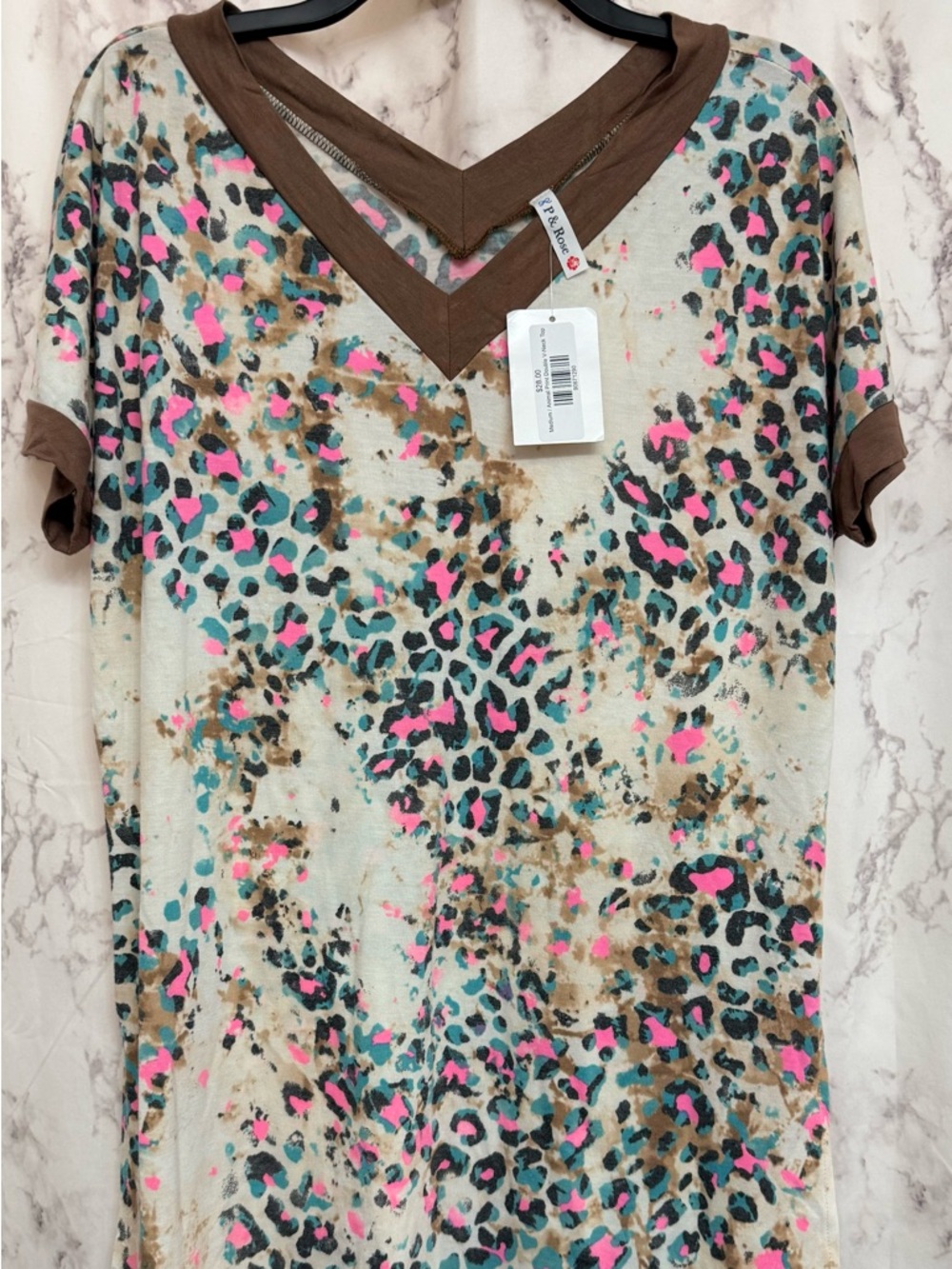 V-Neck Short Sleeve Leopard Print Top with Brown Trim - Neon Accents
